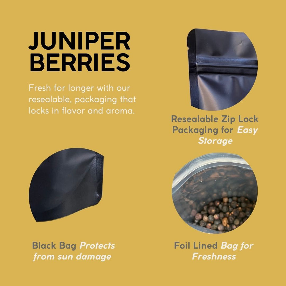 Featuring Zip Lock Resealable Foli Lined Packaging for Juniper Berriers